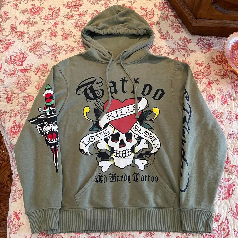 Ed-hardy Women's Green and Khaki Hoodie